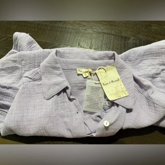 NWT Hem & Thread Anthropologie Lavender Cotton Button Up Top Shorts Set Medium - Picture 4 of 6